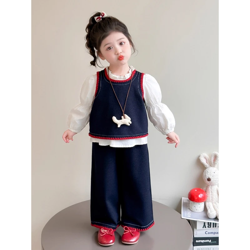 女童蝴蝶结背心套装秋季2025新款儿童韩版洋气秋装百搭牛仔三件套