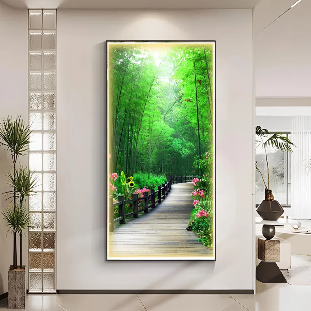带灯光晶瓷带钻植物入户门装饰画竖款装饰画房门过道楼梯风景墙画