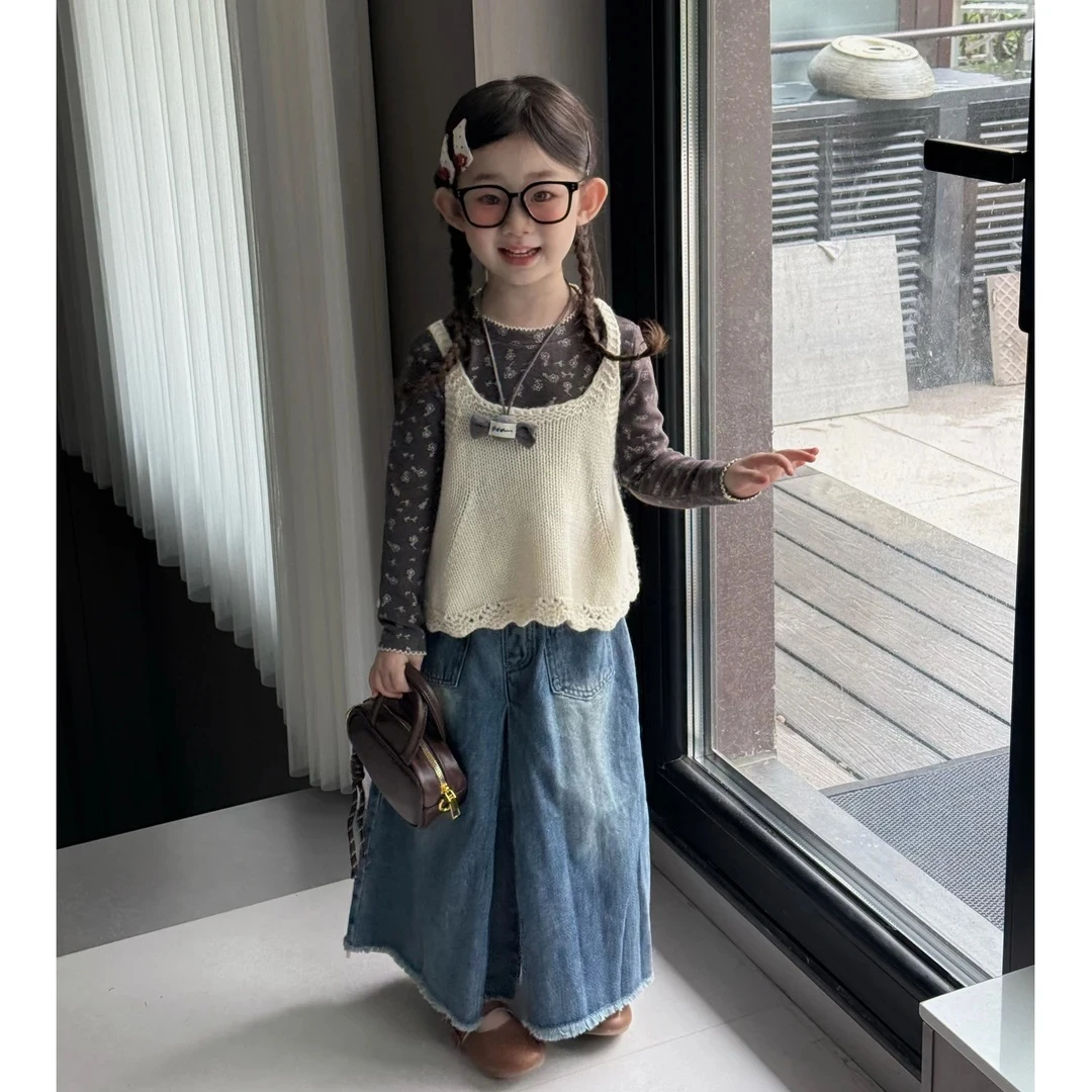 女童秋装套装2025新款网红儿童洋气针织马甲上衣女宝牛仔裤三件套