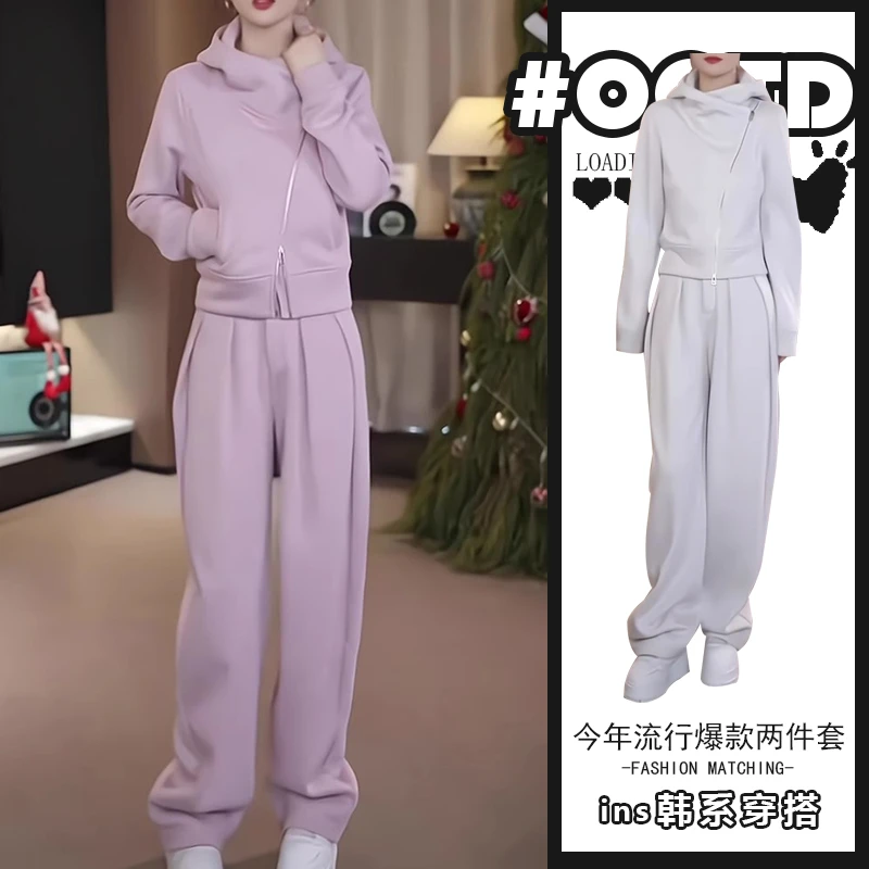 高级感不规则斜边拉链连帽卫衣高腰遮胯休闲裤加绒加厚运动套装女