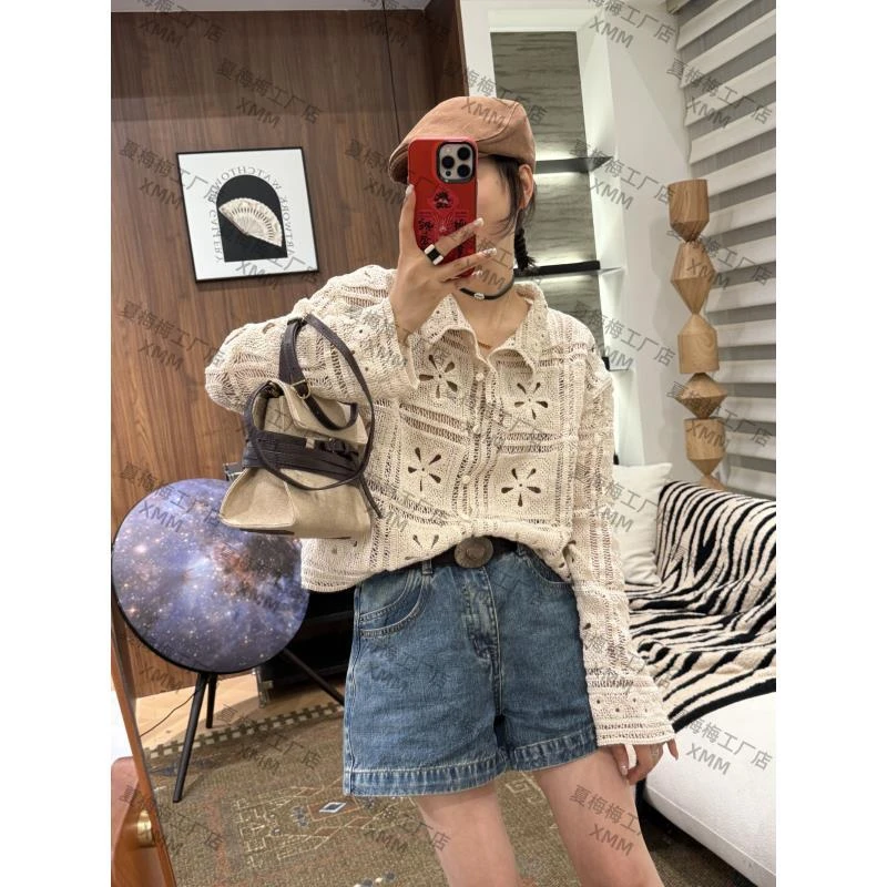 XMM.【钩花小翻领】早秋新款时尚百搭潮流洋气宽松休闲镂空衣GJ7788