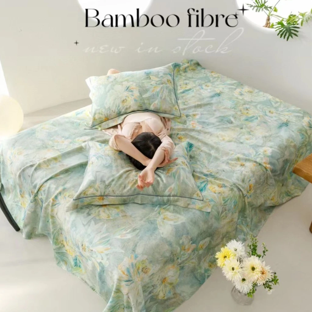 D1807高端数码印花天然竹纤维冷感凉席三件套暗香疏影绿240*250