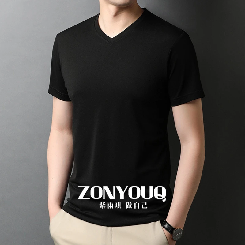 ZONYOUQ莫代尔夏凉T恤夏季男士薄款短袖t恤衫纯色领半袖