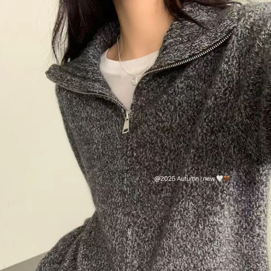 翻领纯色针织女秋冬长袖毛针织衫套头毛衣慵懒风开衫