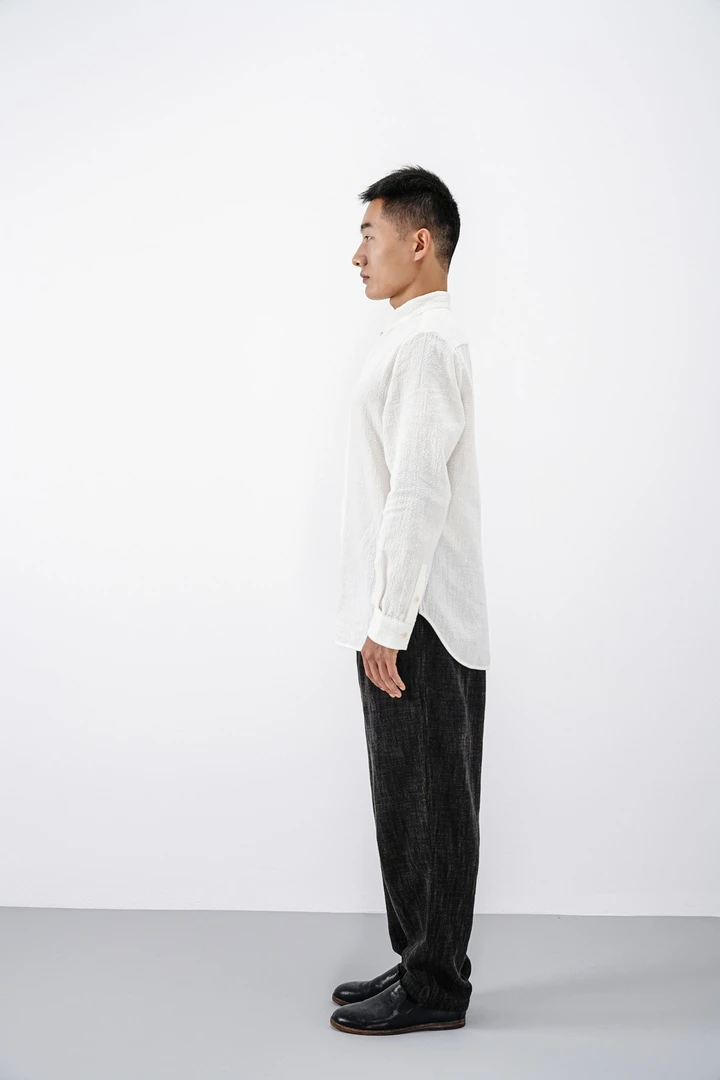 长袖白色棉麻泡泡纱衬衫休闲百搭款盘扣暗襟