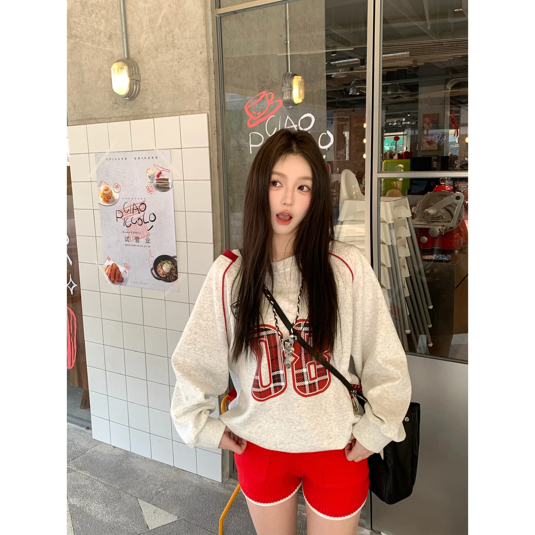 ANDEARDI美式复古甜酷辣妹刺绣V领一字肩卫衣早春宽松学院风