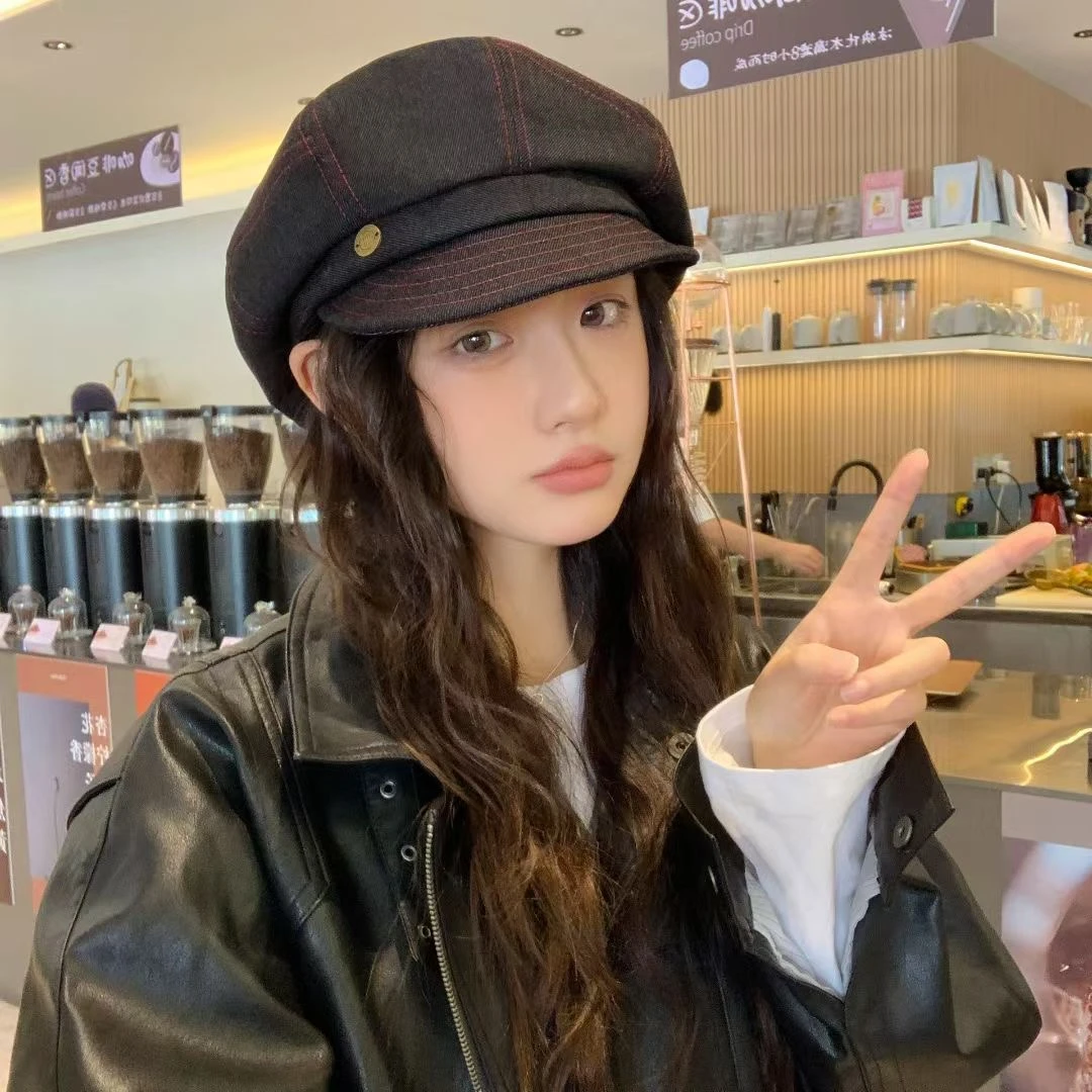 日系牛仔报童帽子女2025年新款贝雷帽大头围显脸小画家帽秋爆款