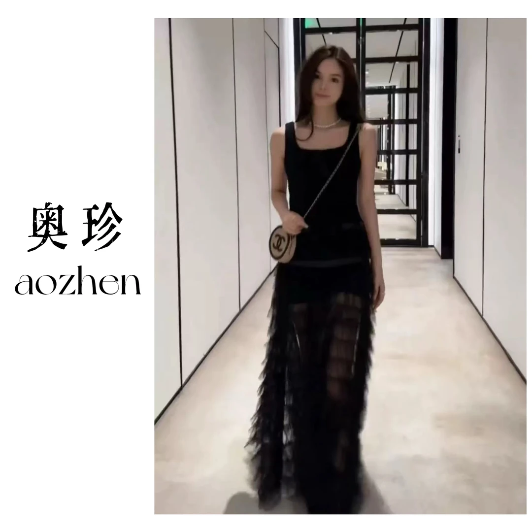 【T台焦点】【运补6-8】气质黑色网纱蛋糕裙高腰镂空中长款裙子