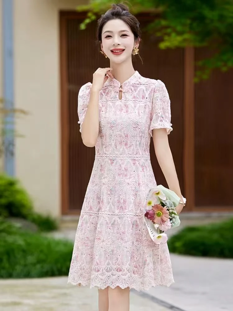 新中式蕾丝刺绣连衣裙女夏季新款收腰显瘦改良旗袍裙子Y036