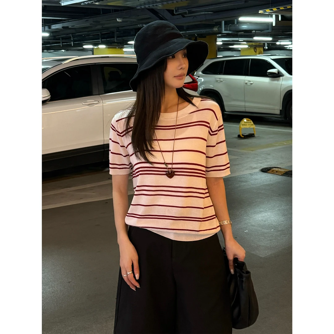 【 柔尘红雾】“红条纹”极简百搭高支高密莱塞尔T丝短袖T恤0221327