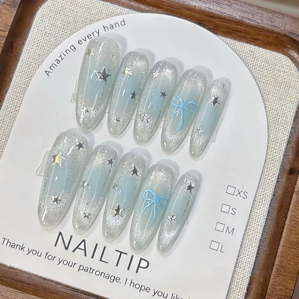 纯手工【星星蝴蝶结】可爱蓝色猫眼少女心闪亮夏天简约可爱穿戴甲