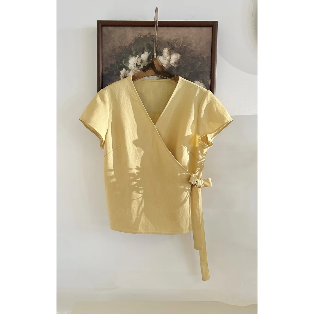 【华尔兹】夏季新款时尚百搭减龄纯色显瘦围裹绑带V领上衣MF-1867