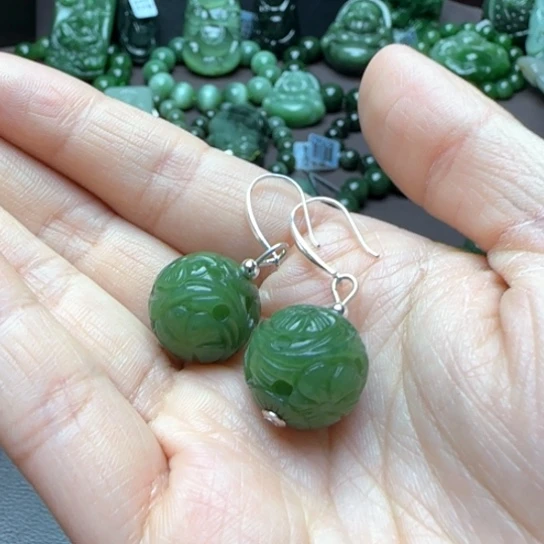 和田玉（碧玉）耳钩银S925镶嵌