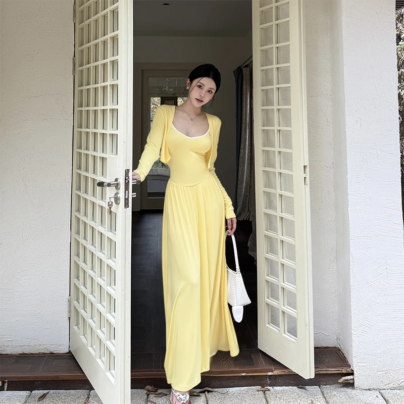 度假风黄色长袖防晒开衫夏季吊带连衣裙长裙两件套女夏季淑女套装