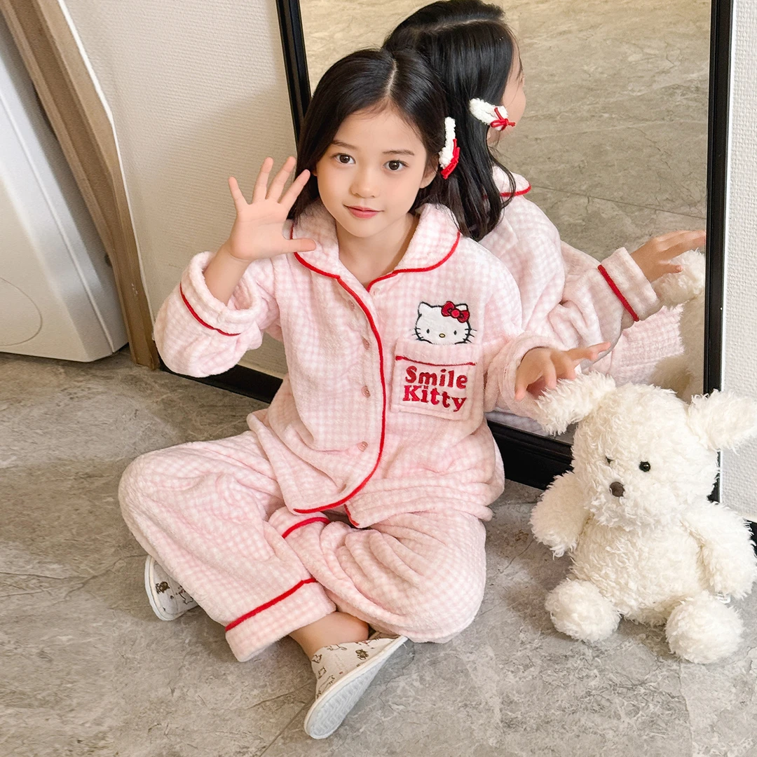 女童法兰绒套装中大童加厚珊瑚绒保暖开衫家居服2336