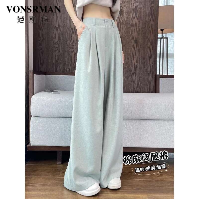 高级感亚麻阔腿裤女2025年夏季薄款高腰垂感直筒宽松百搭休闲裤潮