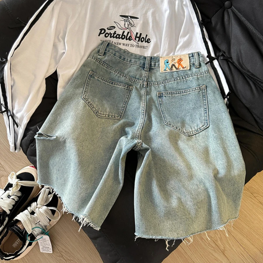 美式复古蓝色破洞牛仔短裤女夏季2025新款阔腿高腰直筒五分中裤子