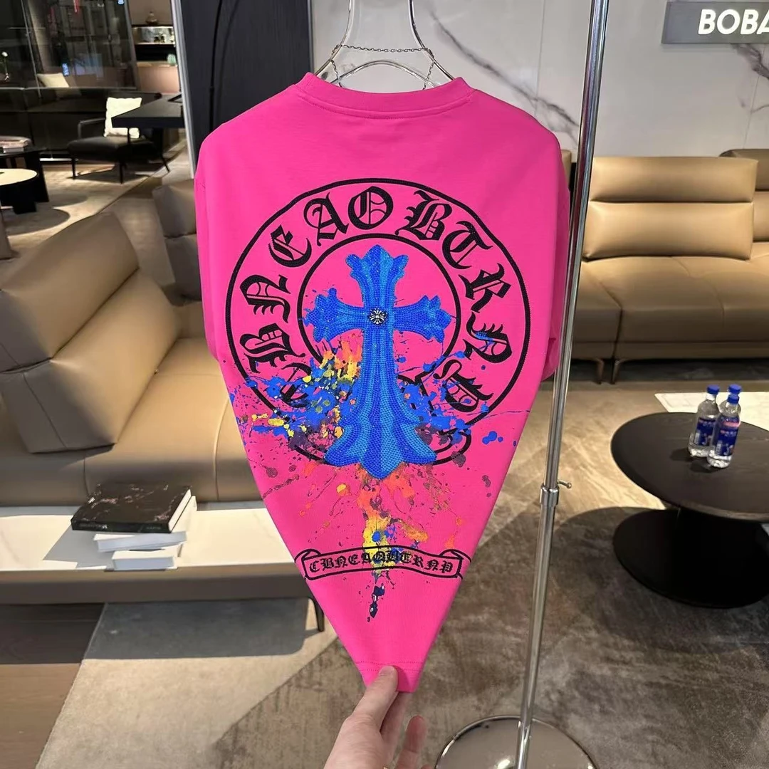 2025男士新款潮牌彩色泼墨十字架马蹄印花短袖t恤男宽松圆领半袖