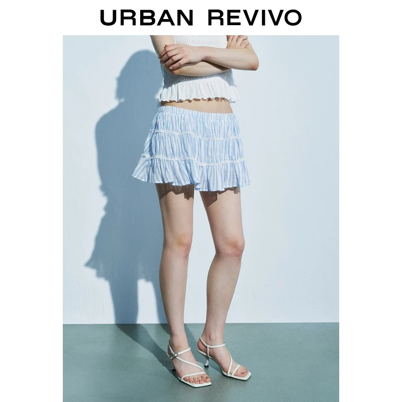 UR2025夏季新款女装波嬉风拼接蕾丝松紧腰条纹半裙UYL550040
