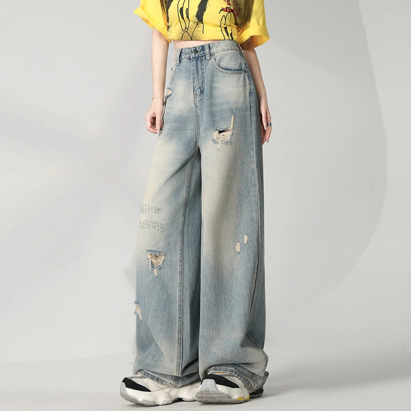 美式复古做旧破洞牛仔裤女夏季宽松高腰显瘦阔水洗磨破腿拖地裤子