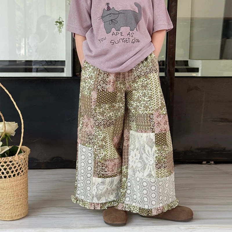 SKD2566女大童韩版设计感宽松碎花裤夏装新款拼色刺绣直筒裤潮
