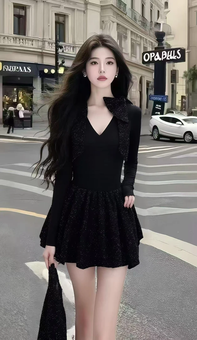 轻奢时尚高级氛围感温婉甜美千金风黑色长袖V领收腰不规则连衣裙