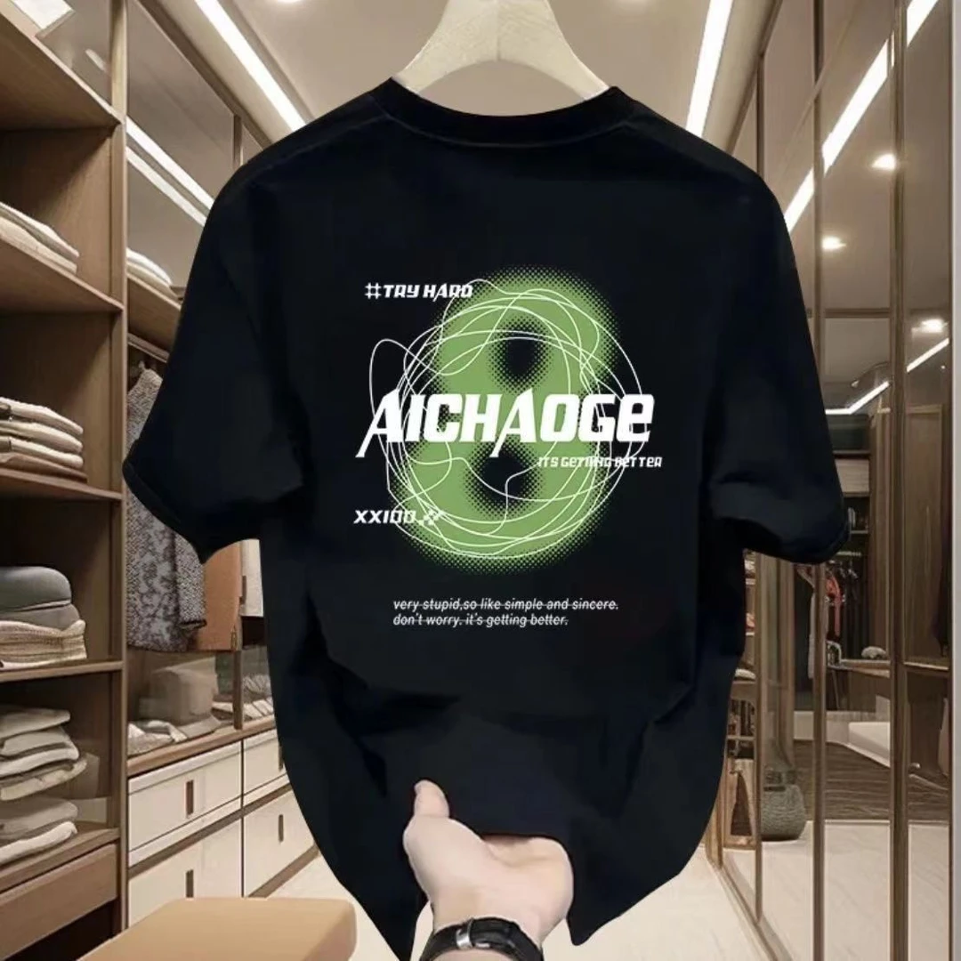 啄木鸟2025夏季新款男士短袖T恤韩版痞帅圆领印花体恤潮百搭打底