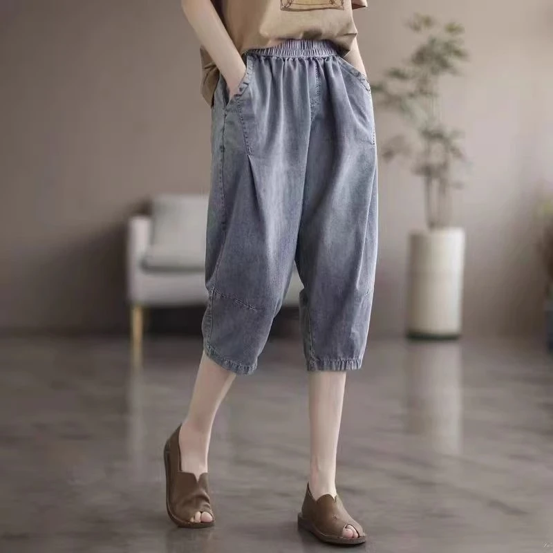 牛仔裤女2025夏季薄款大码宽松百搭七分裤文艺复古水洗拼接哈伦裤