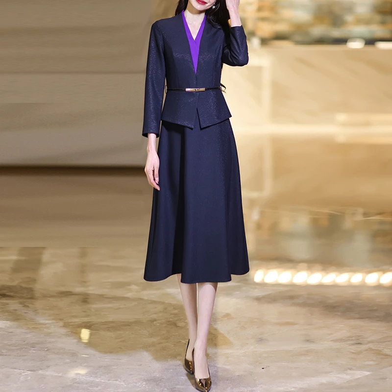 假两件连衣裙2025春秋新款V领优雅通勤显瘦撞色长袖A连衣裙1900