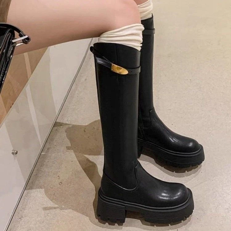 长腿靴时尚靴高筒新款马丁靴长筒长靴潮高跟圆头厚底软百搭靴网