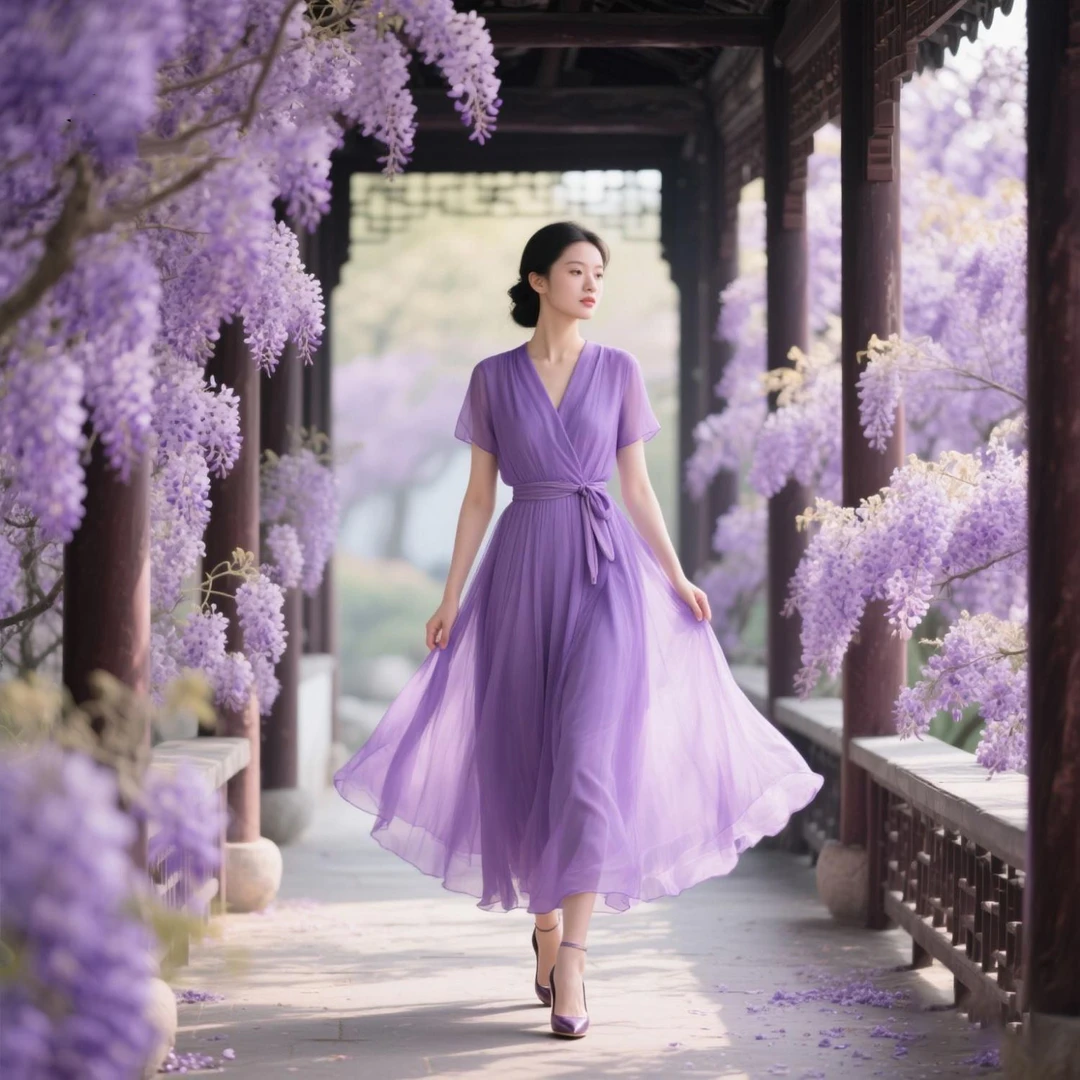 大摆裙法式优雅收腰雪纺连衣裙紫色裙子气质短袖女装海边旅游穿