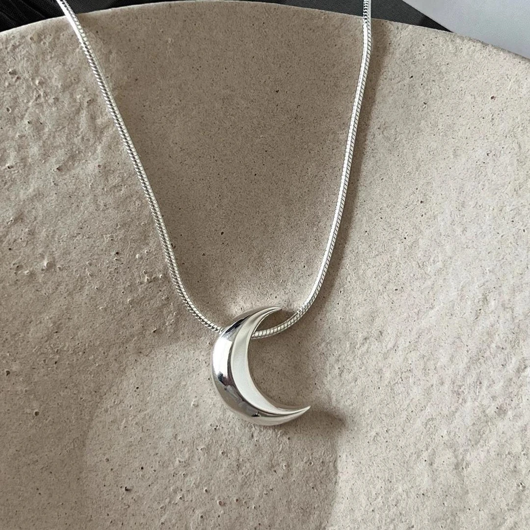 月牙月亮项链素银复古光面新月弯月吊坠蛇精美时尚饰品百搭