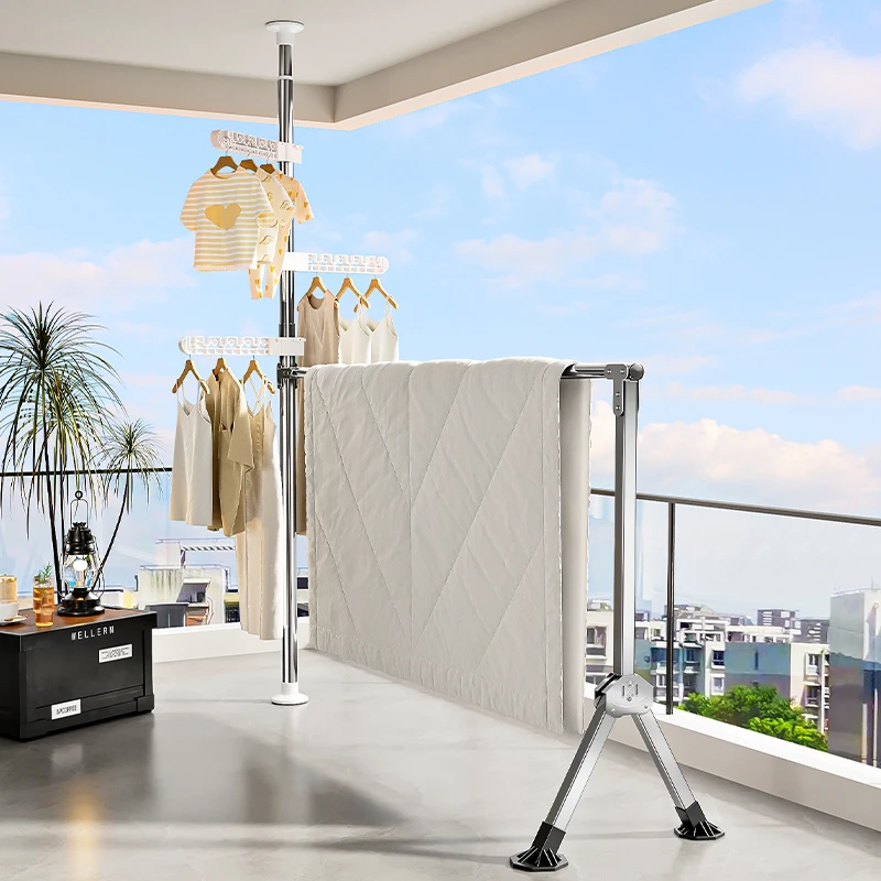 锦绣百年不锈钢顶天立地晾衣杆阳台折叠室内晒被凉衣杆房间置衣架