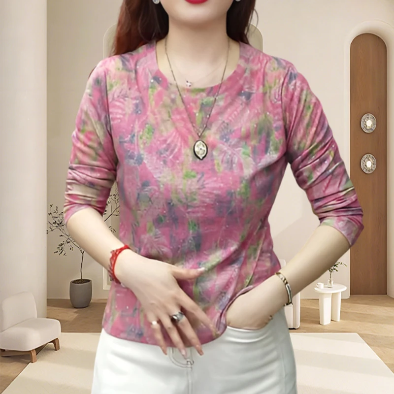 高级感时髦复古印花长袖森系小清新细闪T恤女装慵懒气质休闲上衣