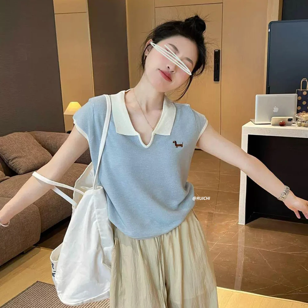 韩系2025夏季休闲减龄POLO翻领小狗刺绣拼色高级洋气慵懒打底内搭