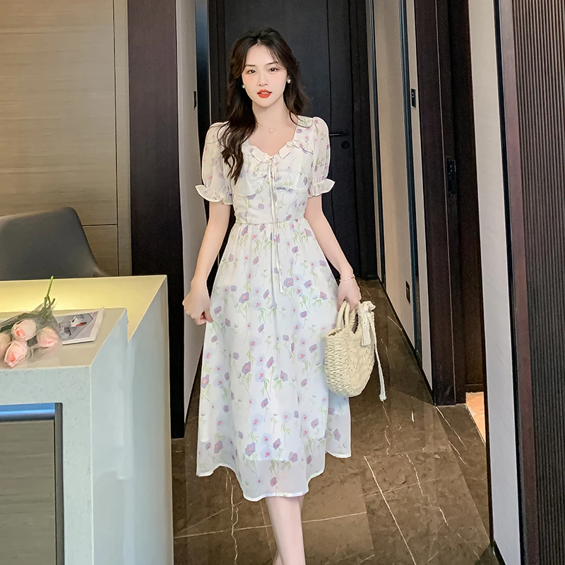 实拍现货夏季新款短袖法式复古中长款碎花裙设计感小众氛围连衣裙