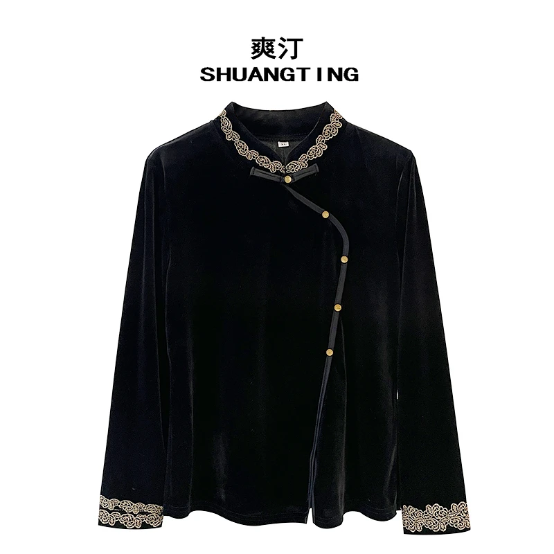 Jokara/丘可儿【锦瑟】新中式国风丝绒打底盘扣加厚保暖衬衣春季