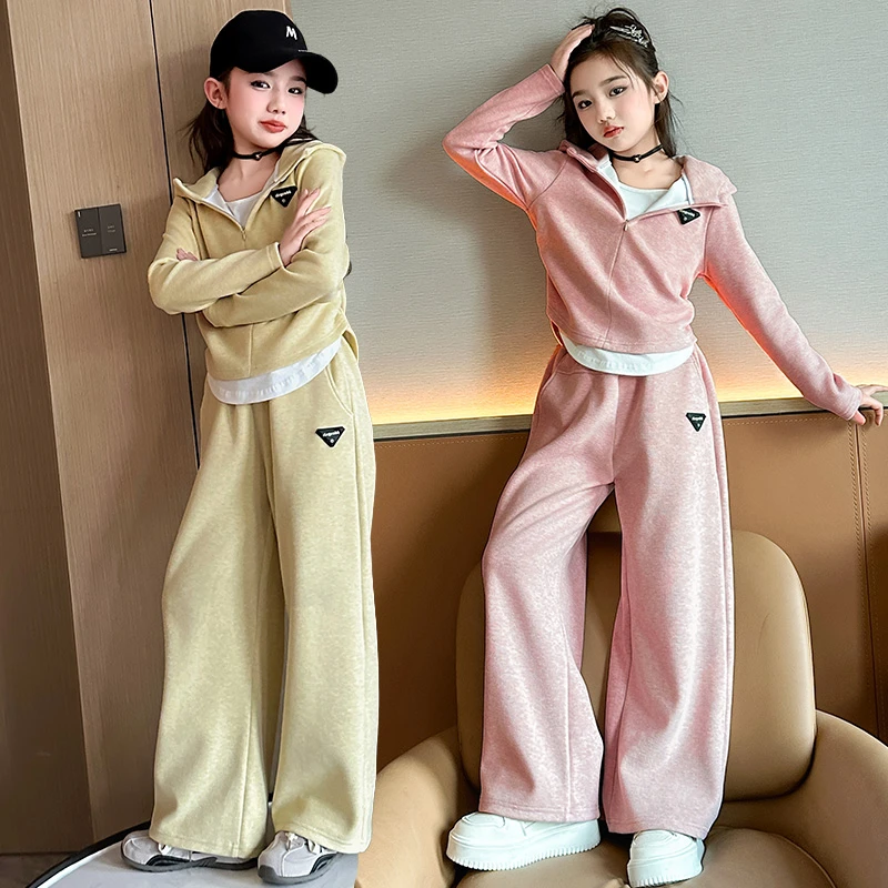 女童套装春秋洋气新款中大儿童糯米绒假两件连帽卫衣阔腿裤两件套