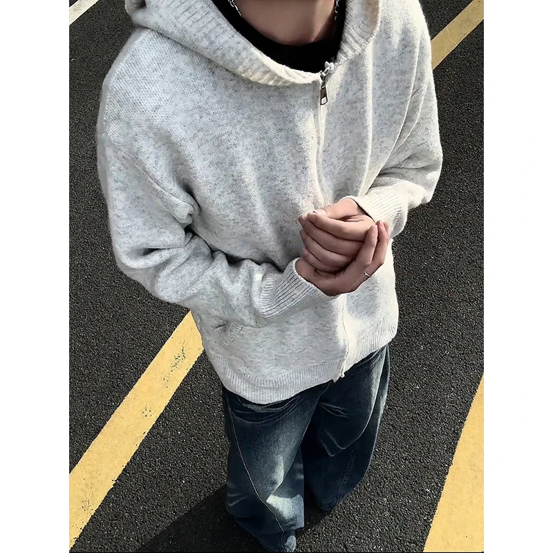 美式复古cleanfit开衫连帽毛衣男秋季慵懒风休闲针织外套情侣上衣