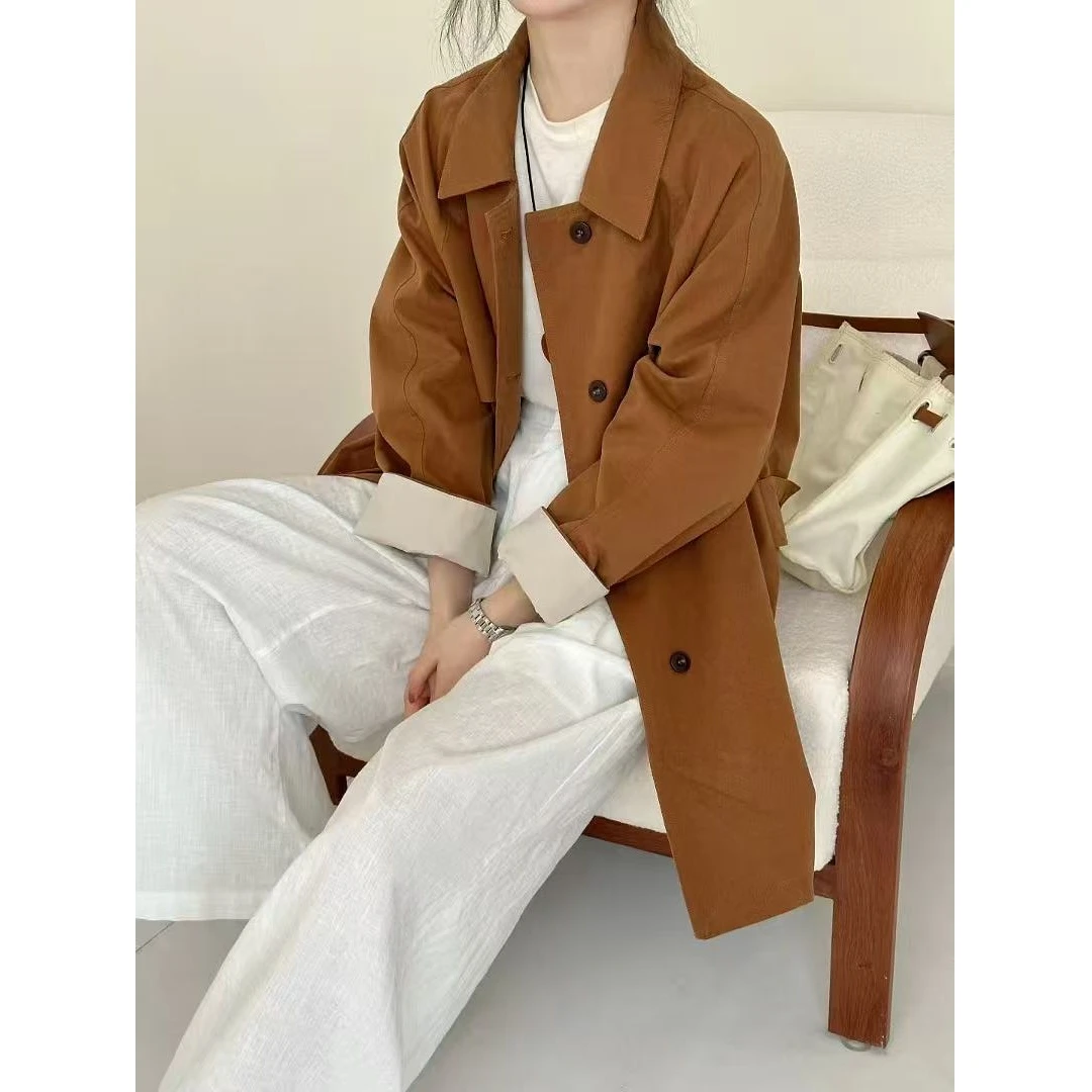 HMY5082702 2025秋季新款韩版时尚百搭宽松显瘦翻领单排扣中长款