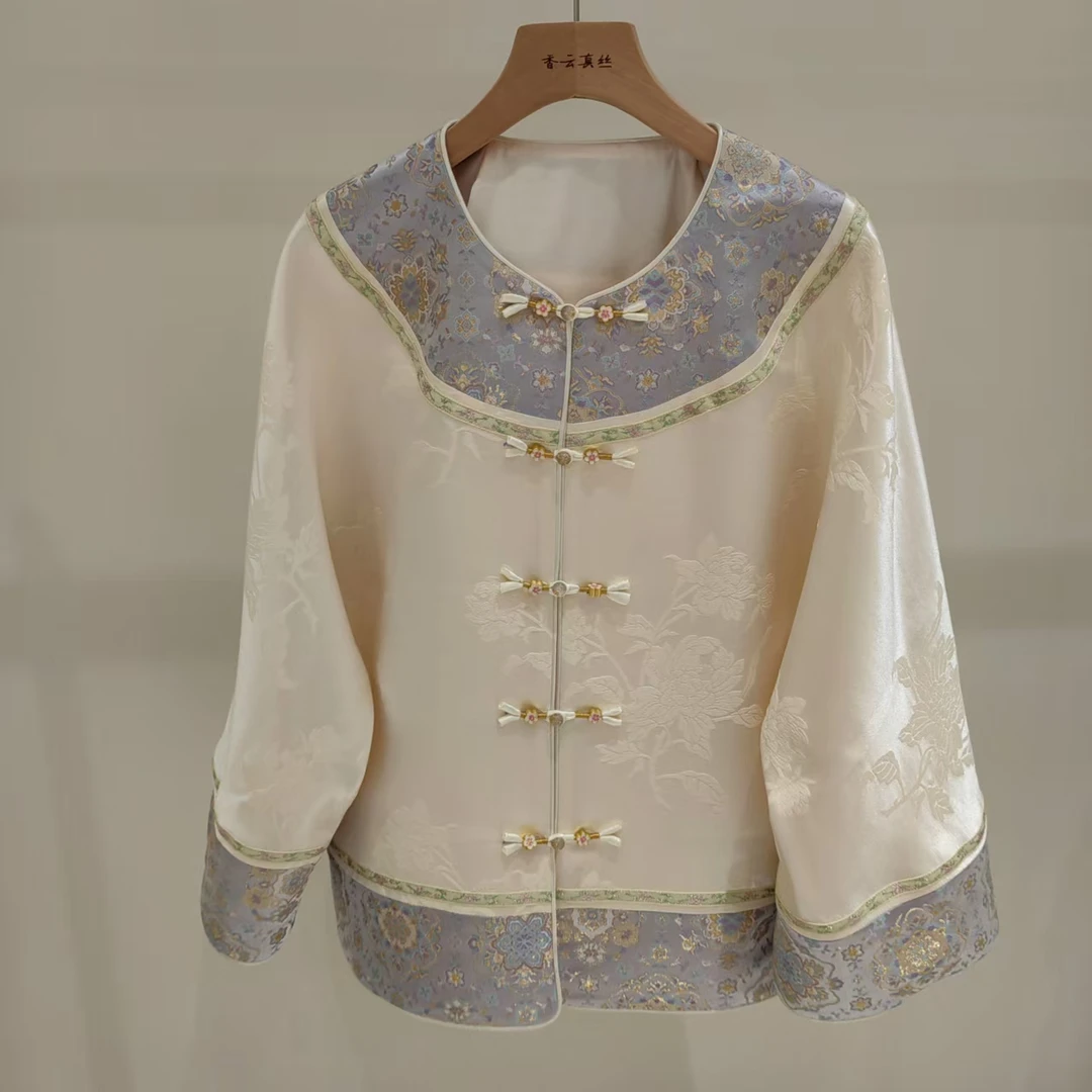 提花丝毛宋锦拼接太太服新中式国风时尚休闲女士百搭