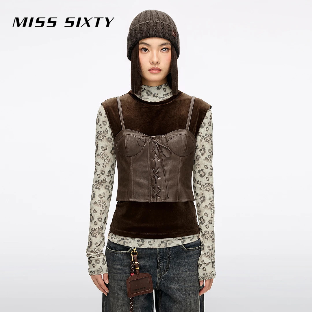 【杨幂同款】Miss Sixty2025冬季新款仿皮吊带无袖丝绒背心女上衣