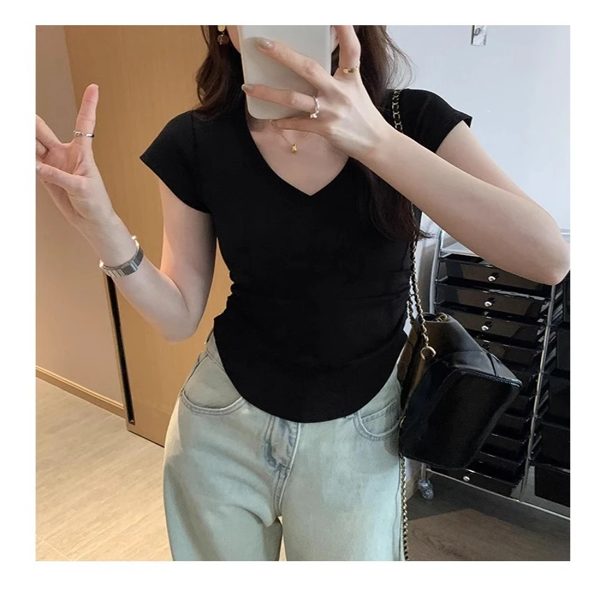 甜美V领不规则褶皱T恤女2025夏季小众收腰显瘦纯欲风短袖正肩上衣