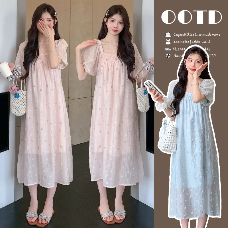 孕妇2025夏季时尚仙女宽松方领法式甜美显瘦中长款短袖孕妇连衣裙