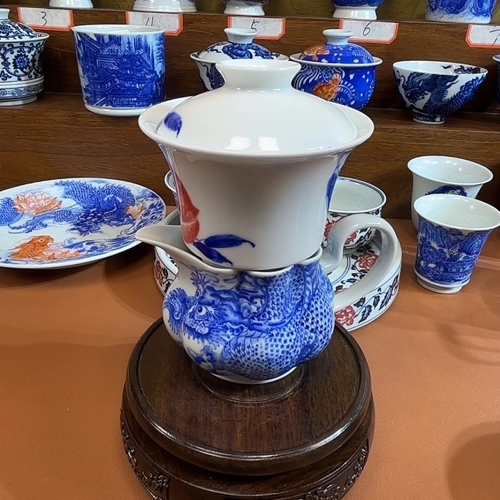 青花手工手绘盖碗加公道