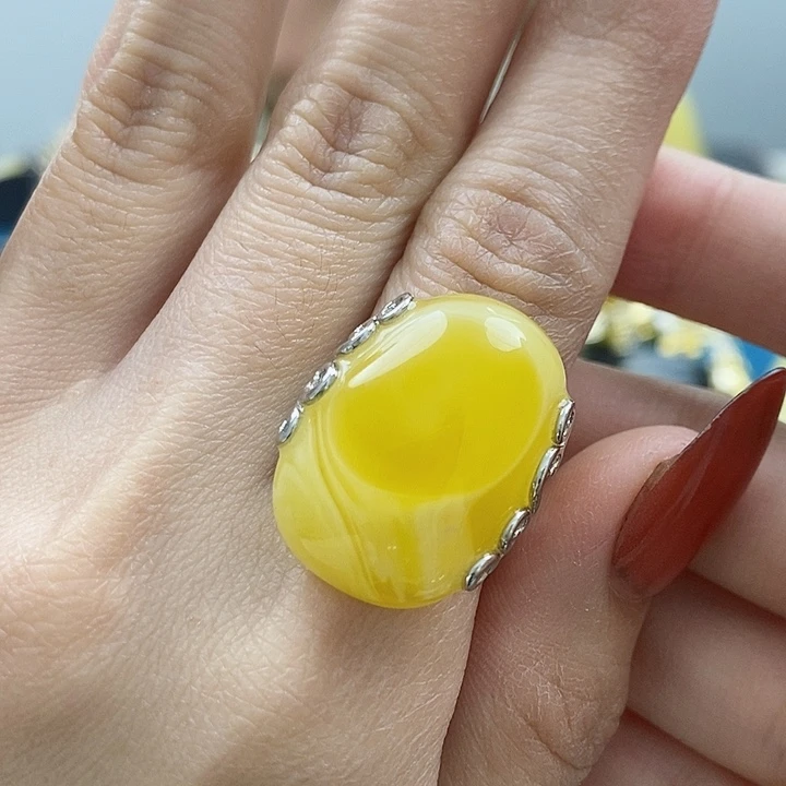 琥珀戒指银S925镶嵌戒指