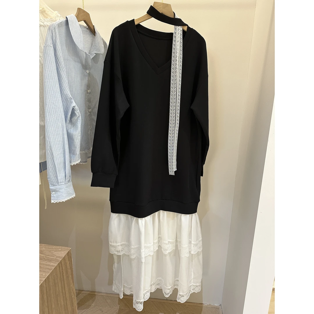 【银色山泉】卫衣连衣裙长袖蕾丝拼接