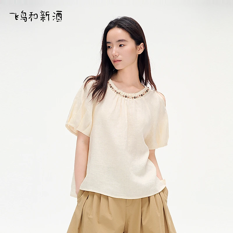 【新】飞鸟和新酒夏季显瘦钉珠设计感圆领亚麻衬衫上衣女FD53122008