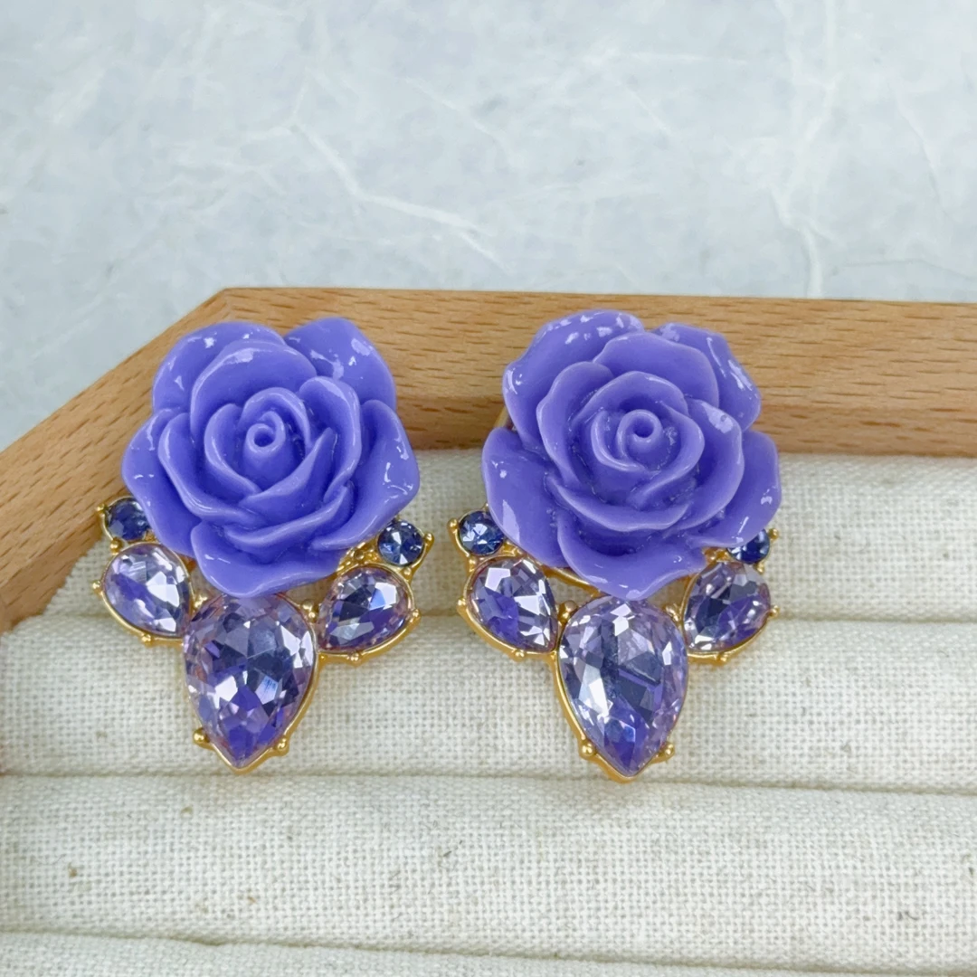 合金亚克力耳饰 2386 长款仙女气质紫色花时尚百搭复古镶嵌耳饰