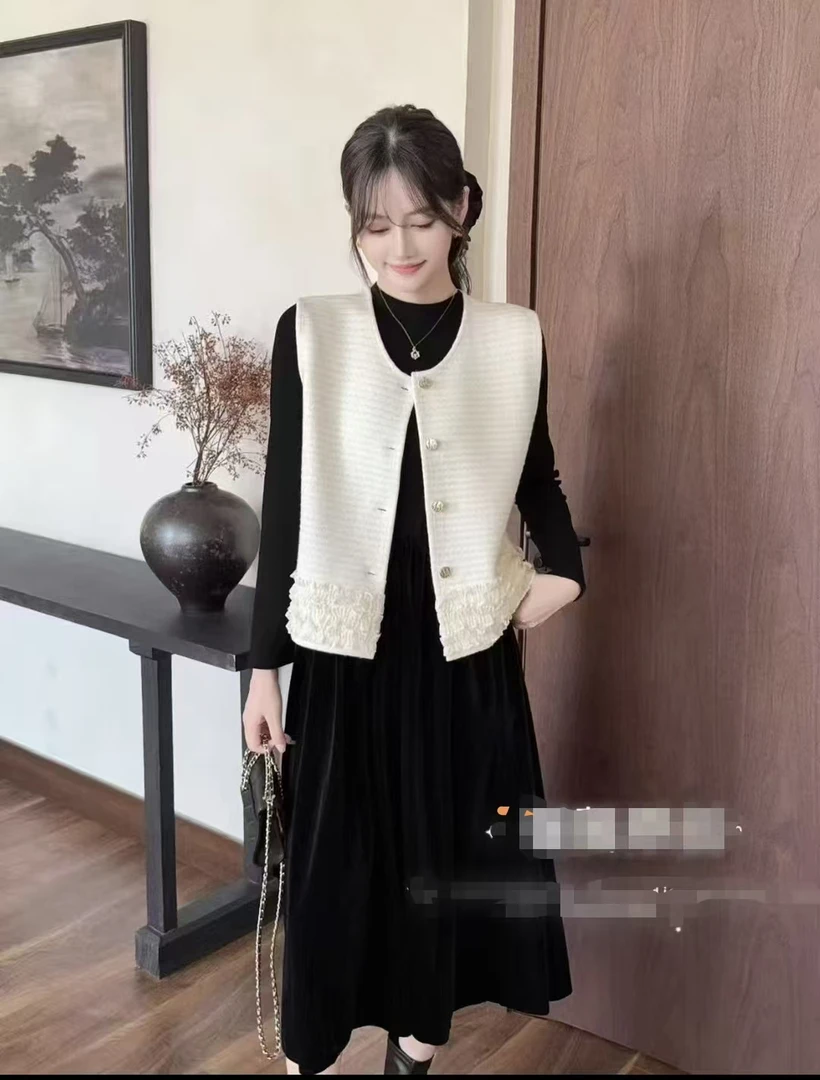 2025法式气质百搭无袖拼接马甲外套宽松显瘦时尚长裙套装1098